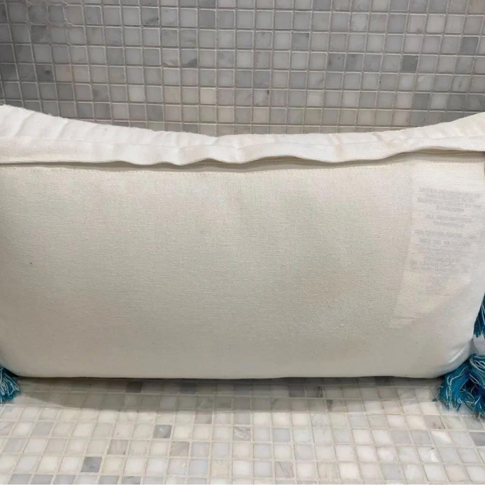 Pier One Lumbar Teal White Pillow with Tassels - Picture 6 of 9